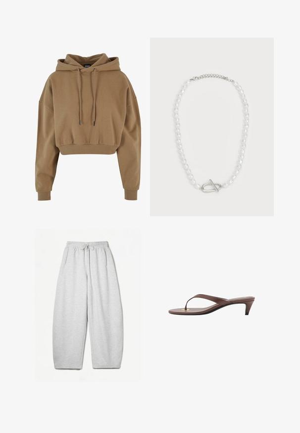 Hnědá zkrácená mikina s kapucí vyrobená z měkké látky. Obsahuje kapuci se stahovací šňůrkou a ribbované manžety s uvolněným střihem.; Dlouhá rukávová top v krémové barvě vyrobený z měkké tkaniny s volným střihem, s otevřeným výstřihem a spadlými ramenními švy.; Šedé tepláky s uvolněným střihem, elastickým pasem, šňůrkou a bočními kapsami; vyrobeny z měkké, strukturované tkaniny.; Hnědé sandály s podpatkem a tenkým páskem, zaoblenou špičkou a malým zlatým akcentem na stélce.; Bílý perlový náhrdelník s různými tvary a velikostmi, ozdobený stříbrným zapínáním na otočný klips. Hladký povrch s lesklým finišem.