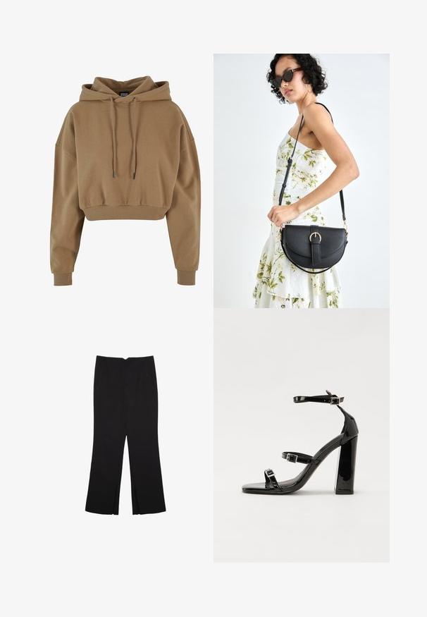 Brun cropped hoodie i mjukt material. Har en dragsnoddshuva och ribbade ärmslut samt en avslappnad passform.; Svarta byxor med rak passform, utrustade med framfickor och sidoklyvningar vid fållen. Tillverkade av mjukt, slätt tyg. Lämpliga för olika tillfällen.; Svarta lackerade högklackade sandaler med två spännband, fyrkantig tå och en tjock klack, med en slät och glansig yta.; Svart läderhandväska med en böjd form, avtagbar rem och guldiga detaljer. Väskan har ett lock med en spänndetalj.
