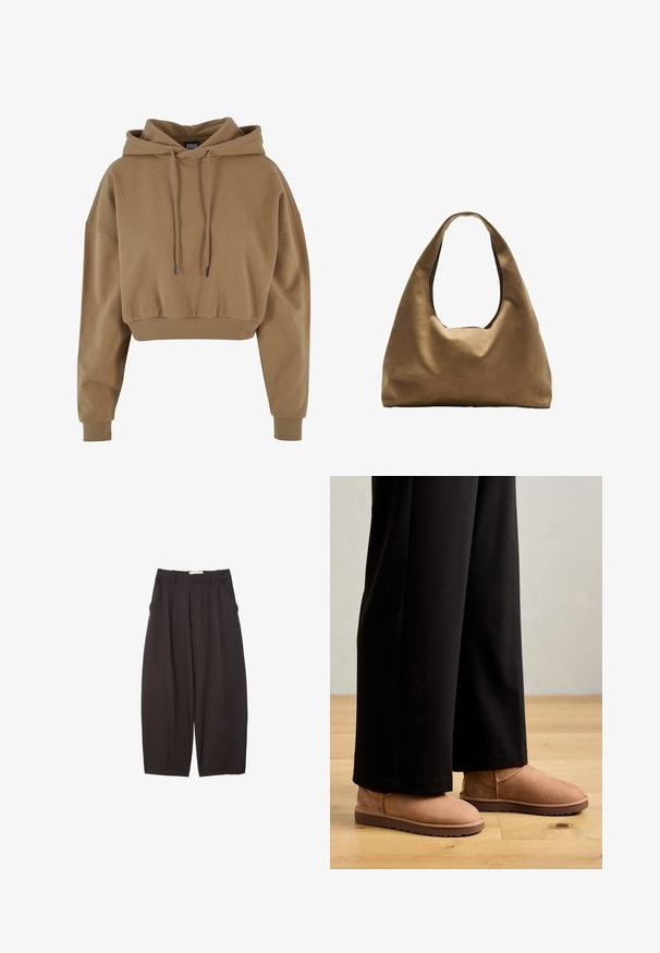 Smeđa skraćena dukserica napravljena od mekanog materijala. Ima kapuljaču s vezicom i rebraste manžetne te opušteni kroj.; Crne široke hlače napravljene od glatke tkanine, s visokim strukom, prednjim nabranjima i bočnim džepovima. Jednostavan dizajn bez ukrasa.; Smeđe antilop čizme do gležnja s ravnim gumenim potplatom, okruglim vrhom i minimalnim šavovima, nošene s crnim širokim hlačama na drvenom podu.; Smeđa platnena torba za rame s širokim, zaobljenim tijelom i velikim izrezanim drškom. Mekana tekstura, minimalistički dizajn i bez vidljivog hardvera.