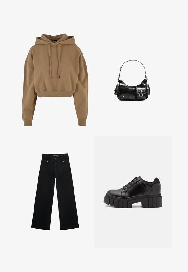 Smeđa skraćena dukserica napravljena od mekanog materijala. Ima kapuljaču s vezicom i rebraste manžetne te opušteni kroj.; Crne široke traperice s visokim strukom, koje imaju dva prednja džepa i metalne gumbe kao ukrase. Tkanina ima glatku teksturu.; Crne kožne platforme s debelim blok-peta, okruglim prstima i klasičnim dizajnom vezanja. Imaju gladak tekstur i minimalne detalje.; Crna patentna kožna torba s zakrivljenim oblikom, jednim remenom za rame, prednjim džepovima i akcentima od srebrnog tona.