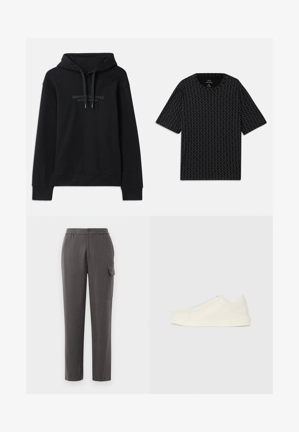 Črna kapuca iz mehkega materiala, z vrvico za nastavitev in rebrastimi manšetami. Vezeno logotip v temnih tonih na sprednji strani.; Črna majica s kratkimi rokavi, ki vsebuje teksturiran vzorec iz izmeničnih logotipov 'A', z okroglim izrezom. Narejena iz lahkega materiala.; Sive hlače z udobnim krojem, izdelane iz gladkega materiala. Imajo gumb z zapiranjem, stranske žepe in žep za orodje na nogi.; Nizki bež usnjeni superge s puščenim nosom, minimalnim šivanjem in stranskim zadrgo na bež ozadju.