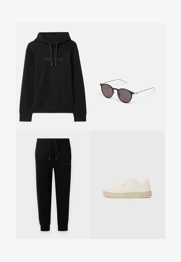 Felpa nera realizzata in tessuto morbido, con cappuccio regolabile tramite cordino e polsini a costine. Logo ricamato in tonalità scure sulla parte anteriore.; Pantaloni da jogger neri realizzati in misto cotone, con cintura elastica e cordoncino, caviglie a costina e una stampa del logo discreta sul lato.; Sneakers bianche in tela con suola in gomma testurizzata, dotate di una punta cucita e di un accento con logo sul tallone. Design semplice con lacci.; Occhiali da sole neri rotondi con lenti scure e sottili bracci in metallo. Include punte trasparenti e accenti argentati alla cerniera. Design minimalista.
