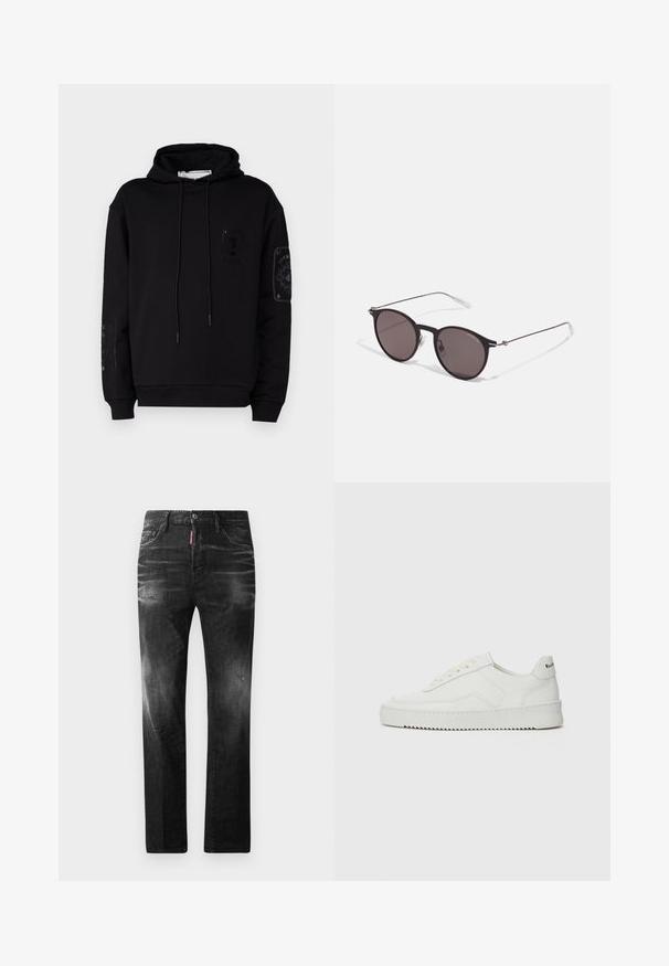 Iceberg FELPA - Hoodie - nero; Black denim jeans with a straight fit. Features faded areas, minor distressing, classic five-pocket design, and a button closure.; White leather sneaker with a smooth finish, round toe, flat laces, and a textured sole. Features a subtle logo on the heel.; Black round sunglasses with dark lenses and slim metal arms. Includes clear temple tips and silver accents at the hinge. Minimalist design.