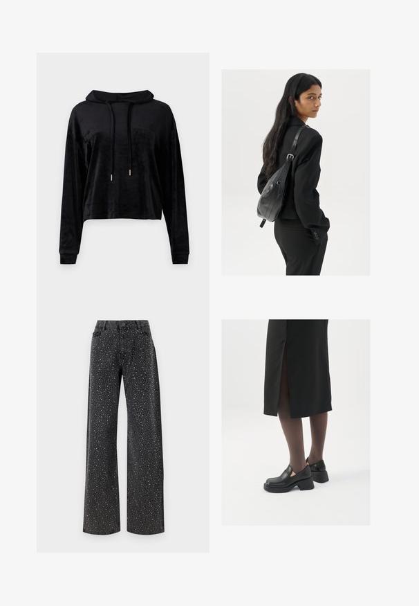 Black cropped hoodie made of soft, sleek fabric. Features a drawstring hood with gold accents and long sleeves with fitted cuffs.; Noisy May NMJANNEL LOOSE - Relaxed fit jeans - black denim; Black leather shoes with a rounded toe, thick block heel, and elastic side accents, paired with dark tights and a black skirt with a slit.; Woman with long dark hair wearing a black suit, carrying a black leather shoulder bag, looking over her shoulder against a white background.; Silver hoop earrings with a minimalist design. Circular shape, smooth texture, and thin profile. Lightweight with a polished finish.
