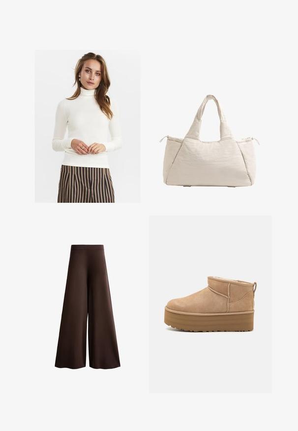 Weißer gerippter Langarm-Pullover mit Rollkragen, weiche Textur, figurbetontes Design. Kombiniert mit braunen und marineblauen gestreiften Hosen, die subtile Eleganz zeigen.; Braune weite Hosen aus weichem Stoff, mit hoher Taille, subtiler Textur und einer fließenden Silhouette ohne sichtbare Verschlüsse oder Verzierungen.; Beige Wildleder-Ankle Boots mit einem weichen Innenfutter, ausgestattet mit einer Plateausohle und einer Zuglasche hinten für einen einfachen Einstieg. Strukturiertes Gummiprofil.; Beige gesteppte Tragetasche mit zwei Griffen, runder Form, strukturiertem Stoff und einer seitlichen Kordelzugtasche. Glatte Oberfläche, minimalistisches Design.