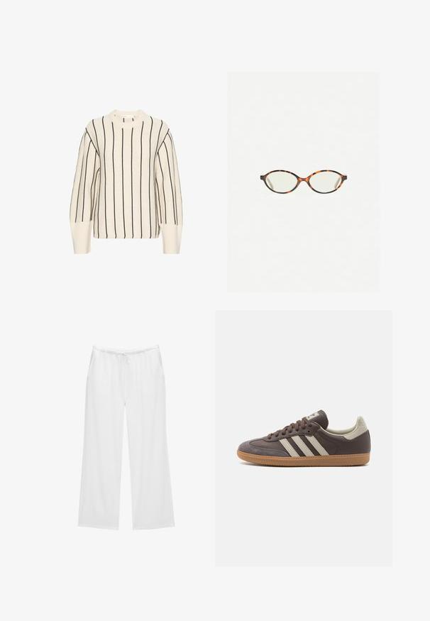 InWear Pulóver - whisper white; Fehér, bővülő szárú nadrág puha anyagból, elöl húzózsinórral ellátott gumis derékkal és két oldalsó zsebbel. Egyszerű és letisztult dizájn.; Barna bőrcipő három világos színű csíkkal, gumitalppal, kerek orral és texturált velúr díszítéssel a sarkán és az orrán.; Tortábar színű szemüveg ovális lencsékkel és sima, elegáns felülettel. Vékony szárakkal rendelkezik, amelyeken finom ív található a halántéknál. Átlátszó lencsék.