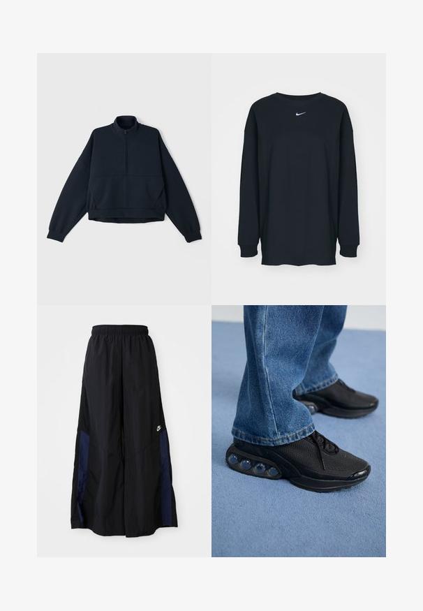 Sweatshirt azul marinho com gola alta, fecho de meio zíper à frente e ombros caídos. Tecido macio e texturizado com punhos e barra elásticos.; Camisola preta de mangas longas feita de algodão com decote redondo. Apresenta um logótipo branco da Nike no peito. Textura suave, design simples.; Calças largas pretas feitas de tecido leve, com um painel lateral azul-marinho e cintura elástica. Pequeno logótipo branco na parte inferior.; Ténis atléticos pretos com parte superior em malha, detalhes texturizados e almofadas de amortecimento de ar visíveis na sola. Usados com uns jeans de ganga azuis.