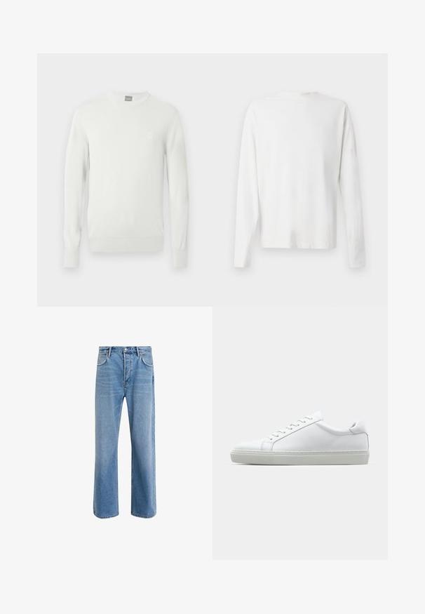 Camisola branca de malha canelada com decote redondo, mangas compridas e um pequeno emblema no peito. Textura suave e silhueta ajustada.; Camisa de algodão branca de mangas longas com decote redondo, fendas laterais na parte inferior e uma textura suave, mostrada de trás.; Calças de ganga azul claro com um design de perna reta, cinco bolsos, fecho de botão, desgaste mínimo e detalhes de costura em contraste.; Sapatilha branca com um cabedal em couro liso e de perfil baixo. Apresenta um bico redondo, seis ilhoses e uma sola de borracha texturizada.