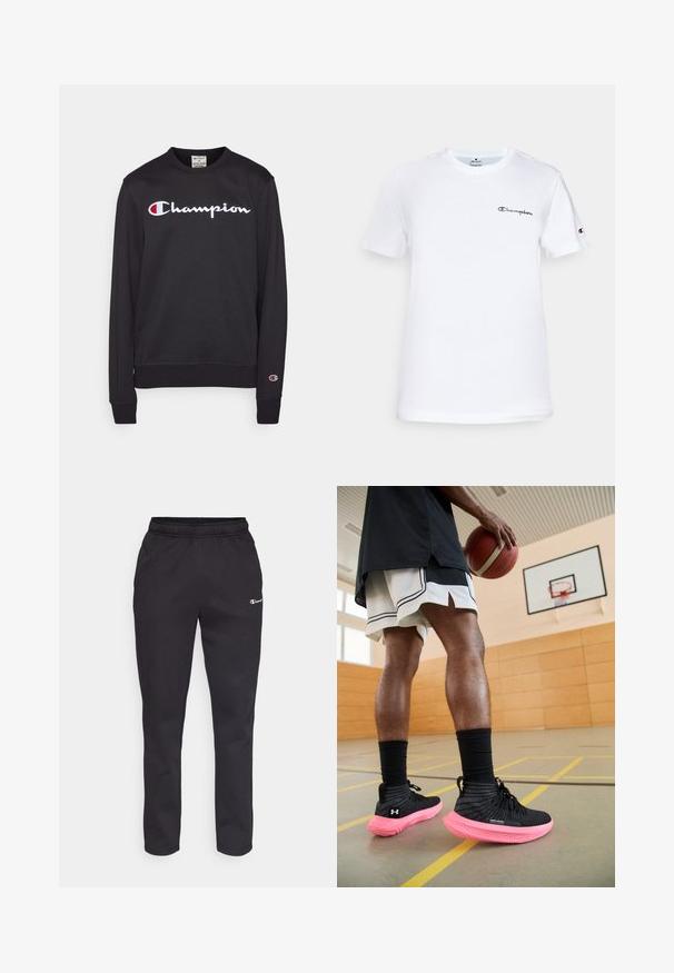 Felpa nera in misto cotone, con logo "Champion" bianco e dettagli rossi. Polsini e orlo a coste. Vestibilità classica e rilassata.; T-shirt bianco in cotone con collo rotondo, maniche corte e logo "Champion" ricamato in nero sul petto e sull'accento della manica.; Pantaloni neri in felpa con vita elasticizzata, dotati di un piccolo logo sul lato sinistro superiore. Realizzati in tessuto morbido, con design a gamba affusolata.; Scarpe da ginnastica nere con una parte superiore testurizzata e una suola intermedia rosa brillante; indossate con calzini neri alla caviglia e pantaloni corti bianchi in un contesto di palestra.