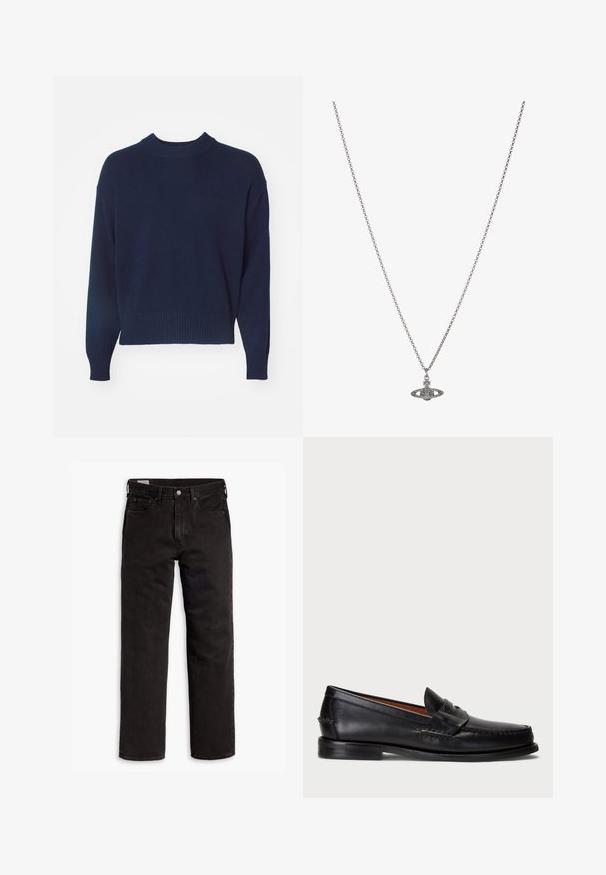 Ναυτικό μπλε πλεκτό πουλόβερ με στρογγυλή λαιμόκοψη με ρίγες, άνετη εφαρμογή και ρίγες στις μανσέτες και το στρίφωμα. Διαθέτει ελάχιστη σήμανση και μαλακή υφή.; Λευκό βαμβακερό μπλουζάκι με κοντά μανίκια, απλό λαιμόκοψη και διακριτό λογότυπο της Levi's τυπωμένο στο κέντρο. Μαλακή υφή και κανονική εφαρμογή.; Μαύρα τζιν παντελόνια σε ευθεία γραμμή με πέντε τσέπες, κουμπί κλεισίματος και θηλιές ζώνης, απλωμένα σε λευκό φόντο.; Μαύρο δερμάτινο μοκασίνι με στρογγυλή μύτη, ραφές και διακοσμητική λωρίδα μπροστά. Λείος πάτος με ελάχιστο προφίλ.; Ασημένια αλυσίδα με κολιέ που διαθέτει μια λεπτομερή εκλεπτυσμένη πένα σε σχήμα πλανήτη, διακοσμημένη με μικρές λεπτομέρειες και περίπλοκα σχέδια.