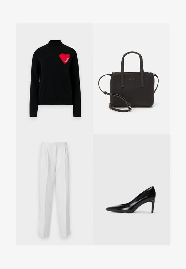 Black sweater with a high neckline, featuring a red heart and the word "FUTURE" in white knit on the left side. Smooth texture.; White tailored trousers with a straight fit, featuring front pleats, two side pockets, and a clean waistband for a polished look.; Black leather high heel shoe with a pointed toe, smooth texture, and a tapered heel. Minimalist design, no additional embellishments.; Black handbag with dual short handles and a removable shoulder strap. Smooth leather-like material with a zip closure and logo detail.