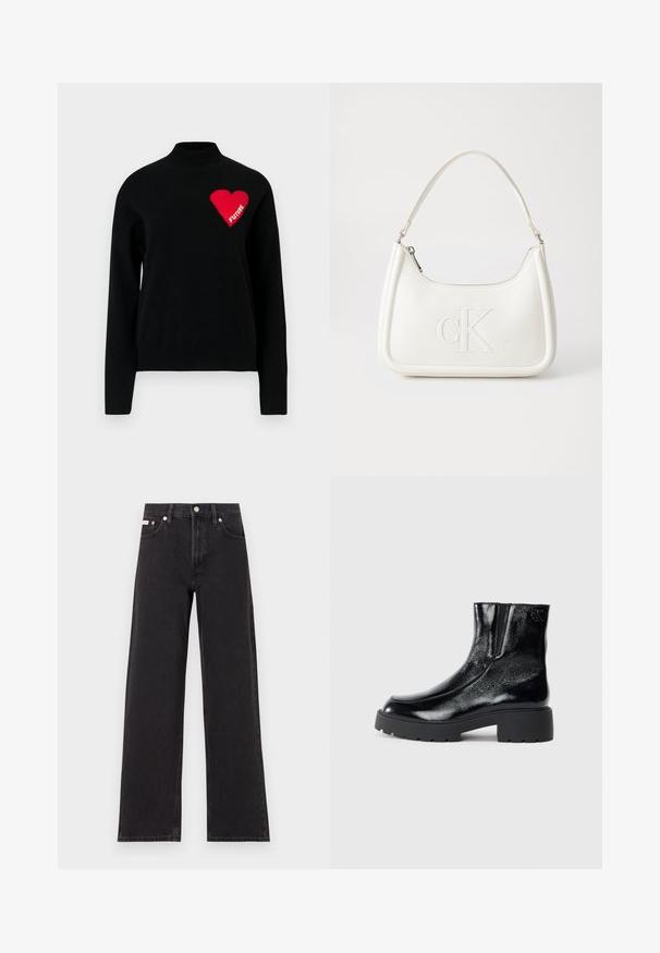 Un pull noir à col haut, arborant un cœur rouge et le mot "FUTURE" en tricot blanc sur le côté gauche. Texture lisse.; Jeans noirs à jambes larges en denim, avec une taille haute, une coupe à cinq poches et une fermeture à bouton en métal avec des coutures contrastantes.; Bottines noires avec une finition en cuir verni brillant, semelle en caoutchouc noir épaisse et talon surélevé ; inclut un détail de logo subtil sur le côté.; Sac à main en cuir blanc avec une forme courbée, arborant un logo "CK" embossé à l'avant et une seule bandoulière. Fermeture à glissière en haut.