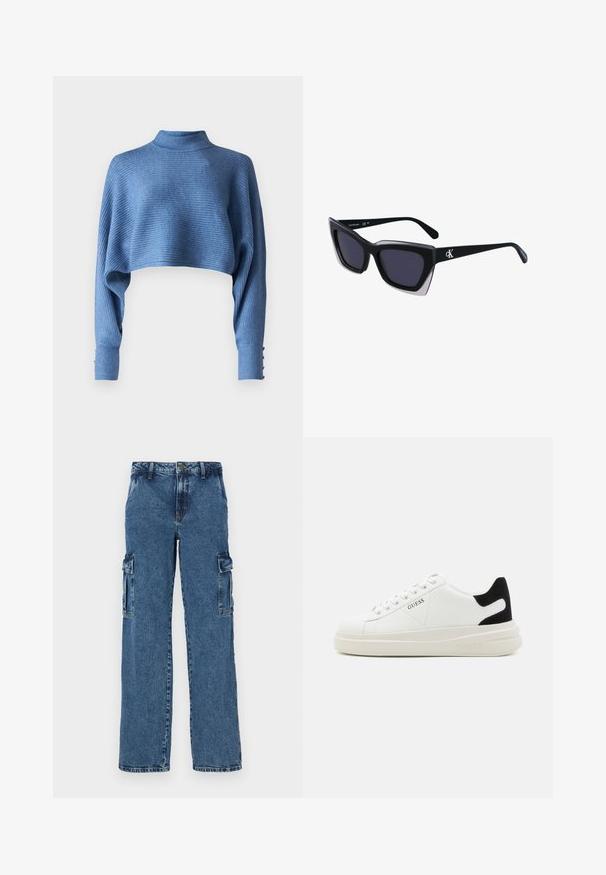 Cropped blue sweater with a mock neck, ribbed texture, and long sleeves featuring button accents at the cuffs.; Black t-shirt with short sleeves, featuring a shiny "Guess" logo in script and "Los Angeles" underneath, made of soft cotton material.; Blue denim cargo pants with a relaxed fit, featuring two side pockets, reinforced stitching, and a straight leg design.; White leather sneakers with a thick white sole, black suede heel accent, and embossed logo on the side. Laced design with six eyelets.; Black oversized sunglasses with a geometric shape, featuring dark lenses and a contrasting grey detail on the frame. Logo on the arm.; Silver hoop earrings with a smooth, shiny finish. Rounded shape, lightweight design, featuring a post-back closure.