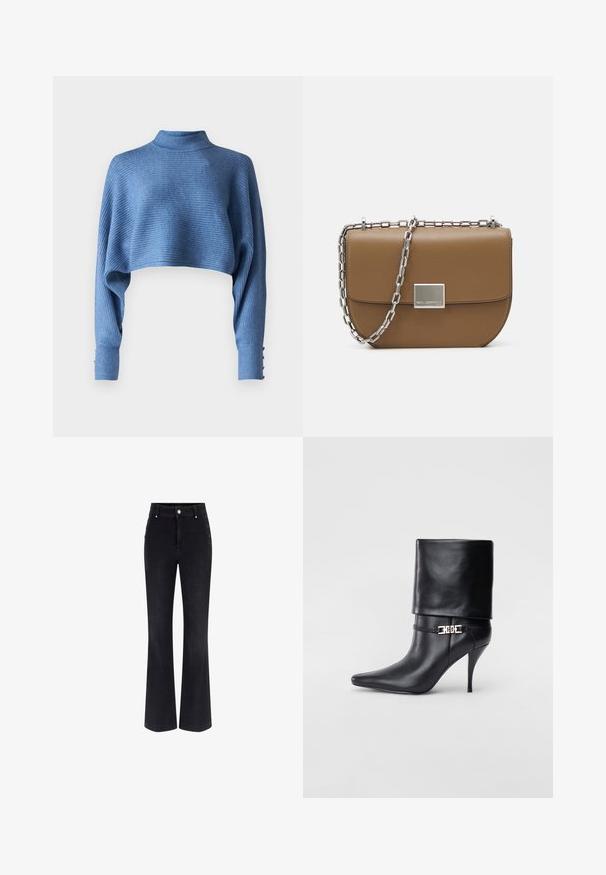 Lyhyt sininen neule, jossa on puolipystykaulus, ribbitekstuuri ja pitkät hihat, joissa on nappikoristeet hihansuissa.; Mustat farkut, joissa on leveät lahkeet, korkea vyötärö, viisi taskua ja metalliset napit sivuilla. Sileä pinta ja klassinen istuvuus.; Musta nahkasaapas nilkkapituudella, teräväkärkinen, korkea stiletto-korko, käännettävä varsi ja kultainen koristeellinen solki nilkassa.; Ruskea nahkainen olkalaukku, jossa on kaareva muoto, hopeinen ketjuolkaintuki ja neliönmuotoinen metallinen kiinnitysdetaili edessä.