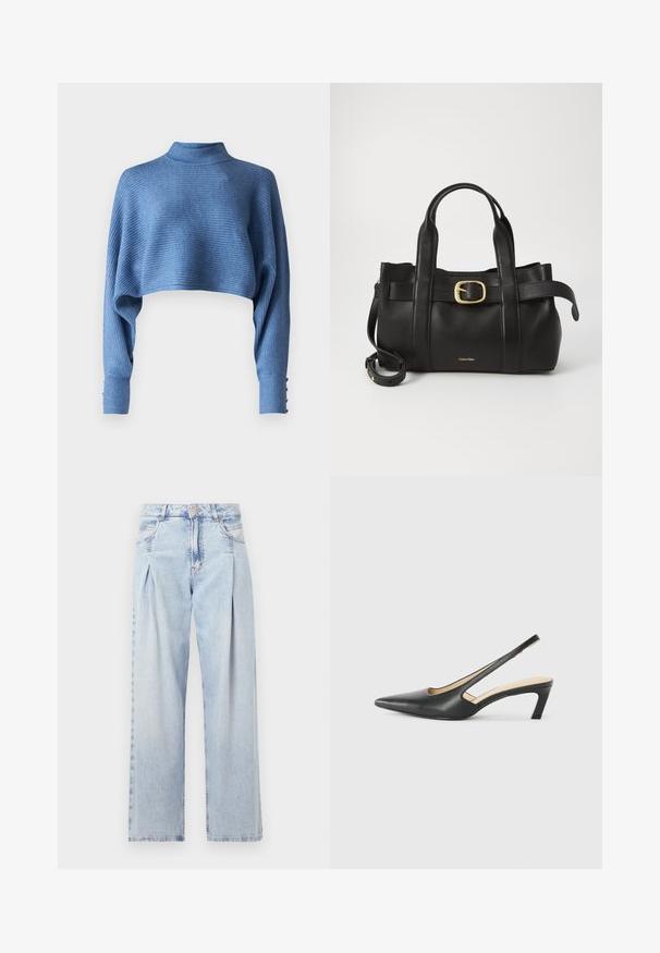 Blaue, kurze Strickjacke mit einem Stehkragen, gerippter Textur und langen Ärmeln, die an den Bündchen mit Knopf-Akzenten versehen sind.; Helle blaue Denim-Jeans mit hoher Taille, weitem Beinschnitt, zwei seitlichen Taschen und gefaltetem Design. Weiche Textur mit einem ausgebleichten Finish.; Schwarzer spitz zulaufender Slingback-Schuh mit niedrigem Absatz, der aus glattem Leder gefertigt ist und seitliche Ausschnitte für Atmungsaktivität aufweist.; Schwarze Lederhandtasche mit strukturiertem Design, doppelten oberen Griffen, goldfarbenem Schnallenakzent und geprägtem Markenlogo auf der Vorderseite.