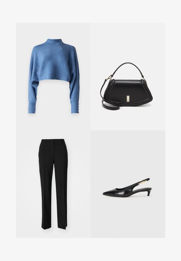 Afgesneden blauwe trui met een opstaande kraag, geribbelde textuur en lange mouwen met knoopaccenten bij de manchetten.; Zwarte op maat gemaakte broek met een recht model, voorzien van een soepele textuur en scherpe plooien aan de voorkant. Geen zichtbare hardware.; Zwarte leren slingback hakken met een spitse neus, voorzien van een slanke hak en een goudkleurige accent op de verstelbare band. Gladde textuur.; Zwarte leren handtas met een gestructureerd ontwerp, featuring een verkorte vorm, bovenhandvat en gouden hardwareaccent. Inclusief verstelbare schouderband.
