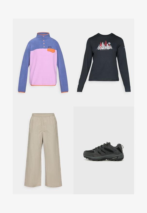Fleeceový pulóver s vysokým golierom, so modrou hornou časťou, ružovou spodnou časťou, oranžovými akcentmi, tromi gombíkmi a malou prednou kapsou.; Dlhý rukáv, tmavošedá košeľa s grafikou červených stromov a hôr; logo "COLUMBIA" v tučnom bielom texte. Mäkká tkanina, štandardný okrúhly výstrih.; Široké nohavice zo svetlobežového materiálu s elastickým pásom, hladkou textúrou a bez viditeľného hardvéru či vzorov.; Columbia REDMOND - Turistické topánky - black/citron haze
