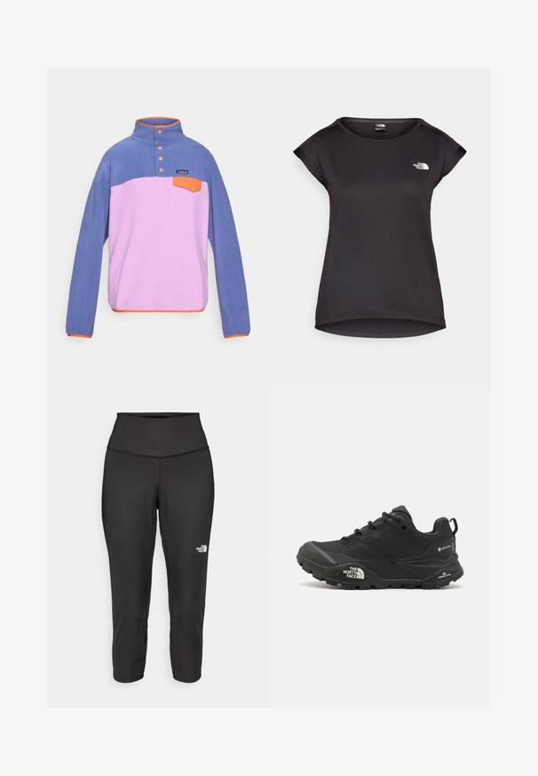 Fleece pullover with a high collar, featuring a blue upper, pink lower, orange accents, three buttons, and a small front pocket.; The North Face TANKEN TANK - Sports T-shirt - black; Black capri leggings made from stretchy fabric, featuring a high waistband and a small white logo on the left side. Smooth texture.; Black hiking shoe with a textured upper, lace closure, and a chunky rubber sole featuring a prominent logo on the side and tread patterns.