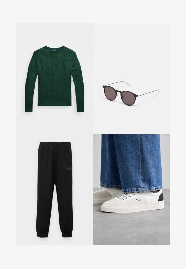 Polo Ralph Lauren CABLE-KNIT COTTON SWEATER - Camisola - vintage pine; Calças de treino pretas com um cós elástico e punhos nas pernas, apresentando bolsos laterais e um logo texturizado na parte superior da perna esquerda.; Sapatilhas brancas e pretas com um upper de couro suave, detalhes texturizados e uma sola branca grossa. Apresenta um design clássico de atacadores.; Óculos de sol redondos pretos com lentes escuras e hastes metálicas finas. Inclui pontas de templo transparentes e detalhes em prata na dobradiça. Design minimalista.