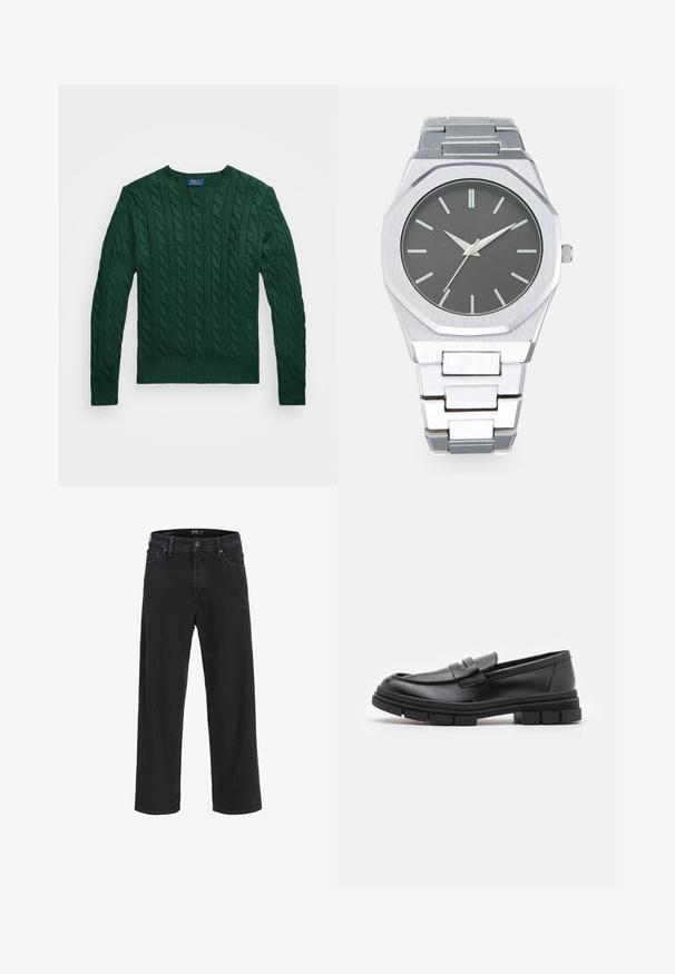 Polo Ralph Lauren CABLE-KNIT COTTON SWEATER - Πουλόβερ - vintage pine; Μαύρα τζιν παντελόνια κανονικής γραμμής με κλείσιμο με κουμπί και φερμουάρ, βρόχους ζώνης και μπροστινές και πίσω τσέπες.; Μαύρο δερμάτινο loafers με λείο φινίρισμα, που διαθέτει λεπτομέρεια μπροστινής ταινίας και χοντρή ελαστική σόλα με γραμμωτές λεπτομέρειες.; Ασημένιο αναλογικό ρολόι με οκταγωνία θήκη, γκρι καντράν, ασημένιους δείκτες ώρας και βραχιόλι από ατσάλι σε links. Μινιμαλιστικός σχεδιασμός με ομαλή υφή.