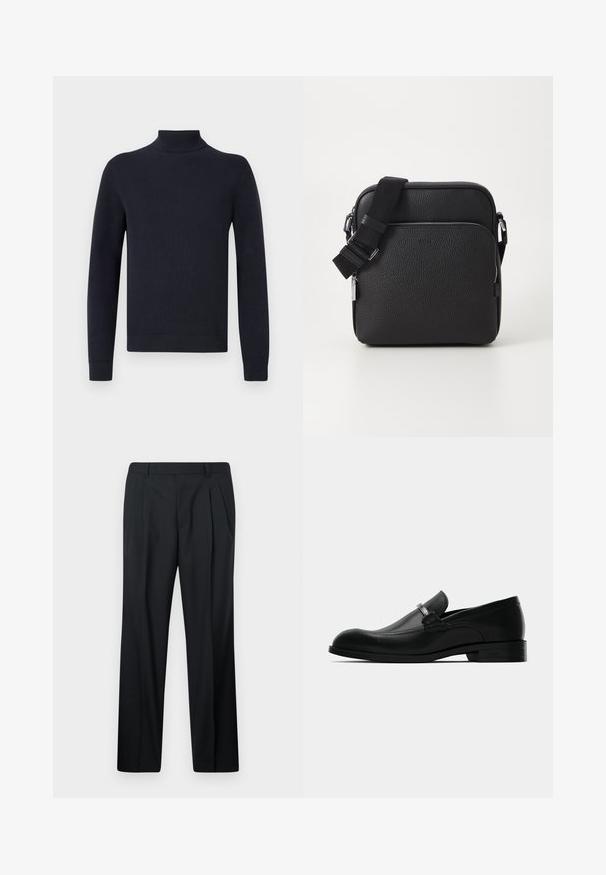Navyblaues Rollkragensweatshirt aus geripptem Strickmaterial, mit langen Ärmeln und schmalen Bündchen, das ein sauberes, einfaches Design aufweist.; Schwarze Anzughose mit Bundfalten aus glattem Stoff. Sie hat eine gerade Passform, einen Taillenbund mit Gürtelschlaufen und keine Taschen. Einfaches Design.; Schwarze lederne Herrenmokassin mit einer Metallschnalle, flachem Absatz und markiertem Sohlen, seitlich auf einem weißen Hintergrund gezeigt.; Schwarze Leder-Crossbody-Tasche mit strukturierter Oberfläche, ausgestattet mit einer vorderen Reißverschlusstasche, verstellbarem Riemen und metallenen Hardware-Details.