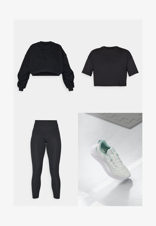 Sudadera corta negra con mangas largas y voluminosas y un escote redondo. Confeccionada en suave material de algodón, cuenta con puños y dobladillo acanalados.; Camiseta negra corta hecha de tejido suave, con un escote redondo y mangas cortas y amplias, con un diseño simple y sin costuras.; Leggings negros de cintura alta, con textura suave y diseño ajustado. Cuentan con costuras planas y cobertura completa sin patrones.; Zapatilla atlética gris claro con parte superior de punto texturizado, detalles en verde menta, cordones blancos, suela de goma y tira en el talón.