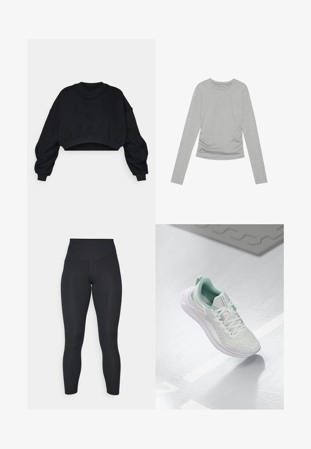 Sudadera corta negra con mangas largas y voluminosas y un escote redondo. Confeccionada en suave material de algodón, cuenta con puños y dobladillo acanalados.; Camisa de manga larga gris, hecha de material suave, con un sencillo escote redondo y detalles fruncidos en los laterales.; Leggings negros de cintura alta, con textura suave y diseño ajustado. Cuentan con costuras planas y cobertura completa sin patrones.; Zapatilla atlética gris claro con parte superior de punto texturizado, detalles en verde menta, cordones blancos, suela de goma y tira en el talón.