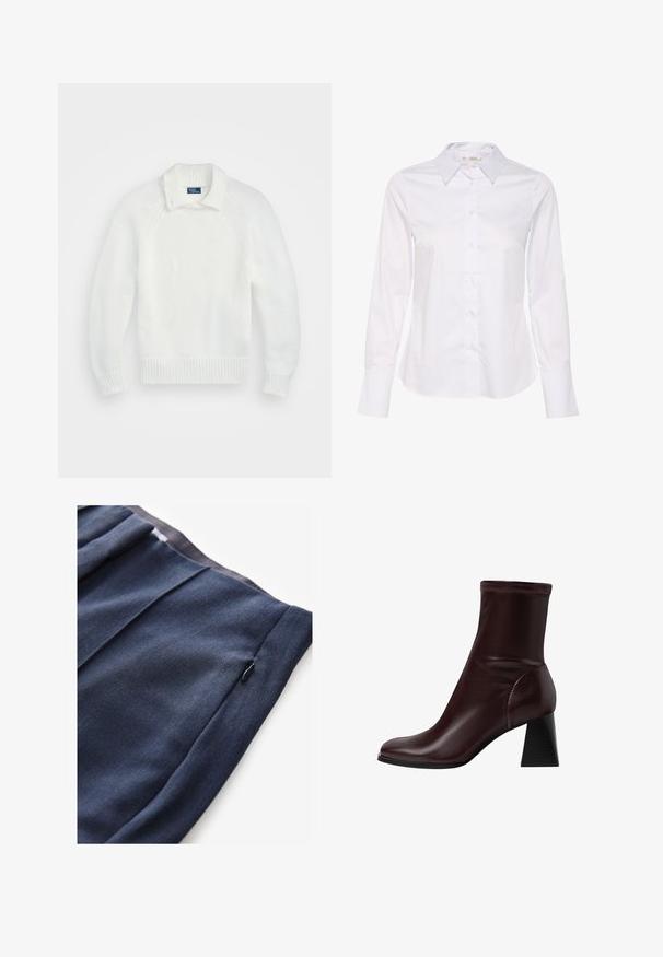 Weißer Strickpullover mit geripptem Saum und Bündchen, ausgestattet mit einem umgeschlagenen Kragen und Raglanärmeln, aus weichem, strukturiertem Stoff hergestellt.; Weißes Langarmhemd mit klassischem Kragen, Knopfverschluss und geradem Saum. Hergestellt aus glattem Stoff mit schlichtem Design.; Marineblaue Hose aus strukturiertem Stoff, mit einer Seitentasche mit Reißverschluss und gefälteltem Detail am Bund.; Stradivarius BLOCK - Stiefelette - dark red