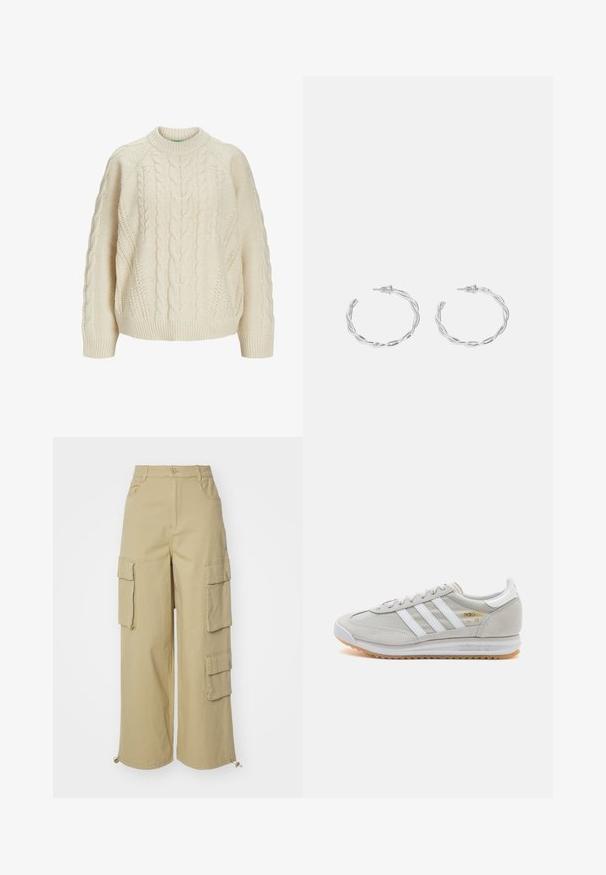 Krém színű kötött pulóver hosszú ujjakkal, bordás kerek nyakkialakítással, mandzsettákkal és szegéllyel.; Beige cargo nadrágok széles szabással, két nagy oldalsó zsebbel, elülső zsebekkel és húzózsinórral a szegélyen. Pamut keverék anyag.; Világosszürke sportcipő velúr és hálós anyagból, három fehér csíkkal, kerek orral és gumi talppal. Arany logó dísz a fűzők közelében.; Ezüst karika fülbevalók csavart kialakítással, fényes felülettel és fülbevaló tűzáras zárással. Átmérőjük körülbelül 3 cm.
