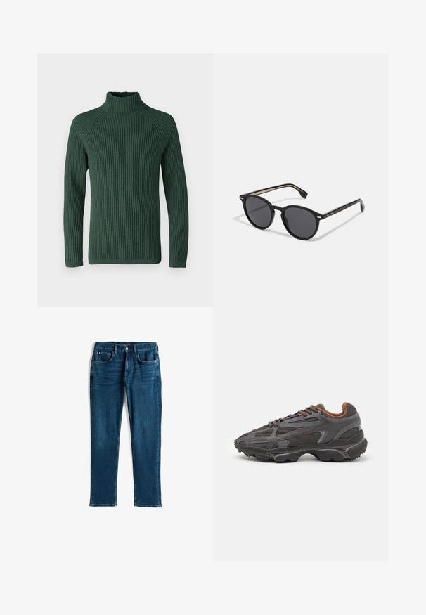 DRYKORN ARVID - Svetr - green; Tmavě modré džíny z denimu, s rovnou nohavicí, pět kapsového stylu, s jemným vyšisováním a kontrastním prošíváním, kovovým knoflíkem a zipem na zapínání.; Sněrovací boty Lacoste v tmavě šedé barvě s síťovinou a syntetickým materiálem, prezentující texturovanou podrážku a hnědé detaily na límci a logu.; BOSS Sluneční brýle - black