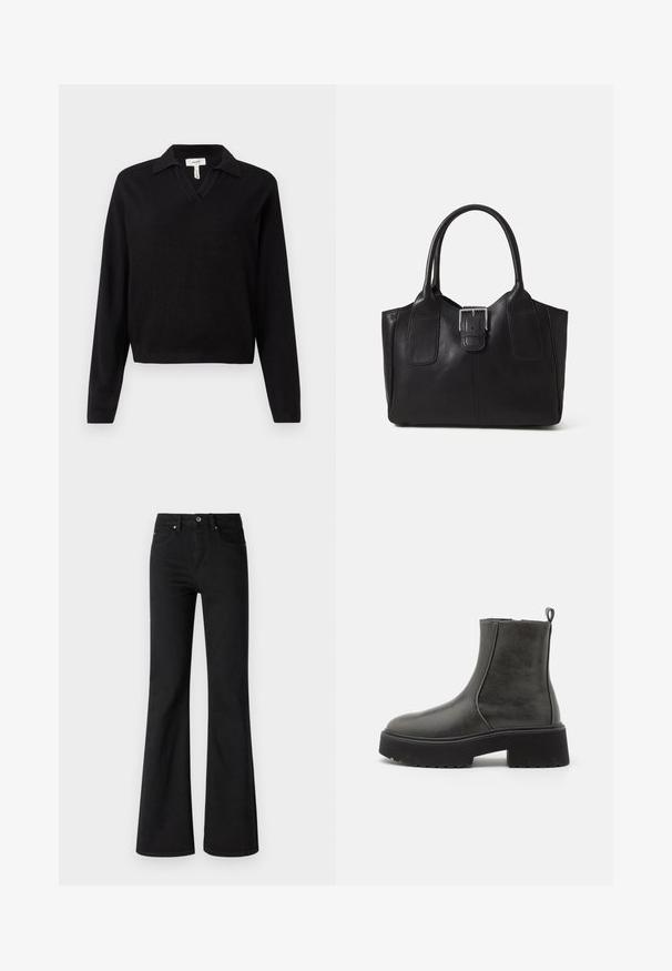 Μαύρος πουλόβερ με V-λαιμόκοψη και κολάρο, μακριά μανίκια, ριγωτές μανσέτες και κοντό στρίφωμα. Κατασκευασμένο από πλεκτό ύφασμα με ομαλή υφή.; Μαύρα ψηλόμεσα τζιν με καμπάνα, κατασκευασμένα από τζιν, με πέντε τσέπες, μπροστινό κουμπί και φερμουάρ, λεία υφή.; Μαύρες μπότες μέχρι τον αστράγαλο με λείο συνθετικό επάνω μέρος, ελαστικές πλαϊνές πάνελ, καρφίτσα στο πίσω μέρος και χοντρή καουτσούκ σόλα.; Μαύρη δερμάτινη τσάντα tote με λείο υφή, δομημένο σχήμα, δύο λαβές και επιφανές ασημένιο κούμπωμα μπροστά.