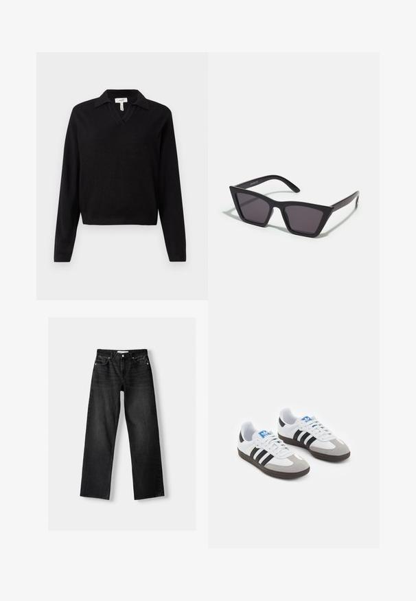 Black pullover sweater with a v-neck and collar, long sleeves, ribbed cuffs, and a cropped hem. Made of knit fabric, smooth texture.; Bershka Straight leg jeans - mottled dark grey; Sport shoes with a white leather upper, gray suede toe, and three black stripes. Features a blue logo on the tongue and a textured rubber sole.; Black, angular sunglasses with gray lenses; made of plastic, featuring thick arms with a smooth surface and no visible hardware.
