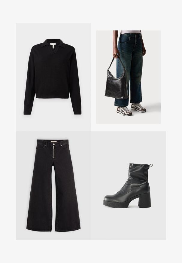 Pull-over noir avec un col en V et un col, manches longues, poignets côtelés et ourlet court. Fabriqué en tissu tricoté, texture lisse.; Jean large en denim noir avec une fermeture éclair à l'avant, un design à cinq poches et des détails de couture subtils. Texture lisse et style décontracté.; Bottes noires à la cheville en cuir lisse, dotées d'une fermeture éclair sur le côté, d'un talon épais texturé et d'une conception à bout rond.; Sac à bandoulière en cuir noir avec une texture lisse et une bandoulière réglable, associé à un jean ample décoloré et des baskets de sport.