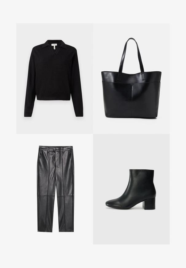 Schwarzer Pullover mit V-Ausschnitt und Kragen, langen Ärmeln, gerippten Bündchen und einer cropped Länge. Aus gestricktem Stoff, glatte Textur.; Schwarze Lederhosen mit glatter Textur, gerader Passform, zwei Fronttaschen und sichtbaren Nahtdetails.; Schwarze Leder-Ankle-Boots mit spitzem Zehenbereich und klobigem Absatz. Glatte Textur mit minimalen Akzenten und einem eleganten, taillierten Design.; Schwarze Leder-Shopper-Tasche mit zwei langen Griffen, einer glatten Textur und einer strukturierten Form. Verfügt über eine Vordertasche für zusätzlichen Stauraum.