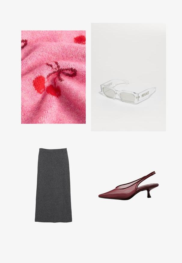 Różowa dzianina swetra o gładkiej fakturze, z czerwonymi wzorami wiśni i ciemniejszymi akcentami. Tło ukazuje miękką, puszystą powierzchnię.; Szara wełniana spódnica maxi o prostym kroju, z elastycznym pasem, charakteryzująca się miękką fakturą i gładkim wykończeniem. Brak widocznych wzorów lub akcentów.; Burgundowe sandały na obcasie z odkrytą piętą, z wąskim czubkiem i siateczkowym wierzchem. Posiadają smukły obcas oraz wycięcia, co zapewnia elegancki zarys.; Przezroczyste plastikowe okulary przeciwsłoneczne z szarymi soczewkami, prostokątny kształt, wytłoczone logo "Versace" na zausznikach, prezentujące nowoczesny design.
