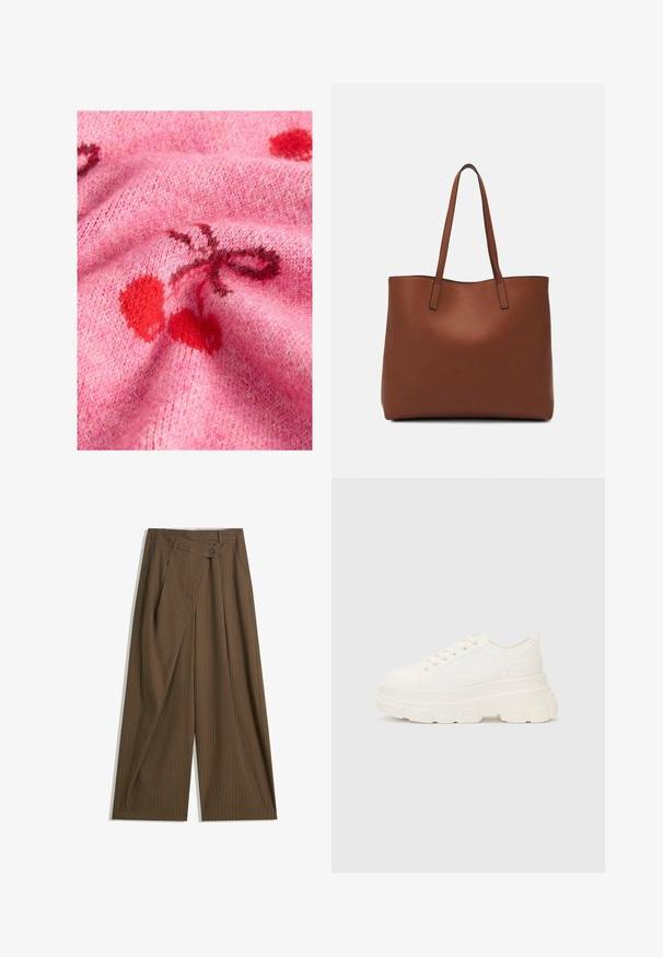 Knitted pink sweater fabric with a smooth texture, featuring red cherry patterns and darker accents. The background showcases a soft, fuzzy appearance.; Brown wide-leg trousers with thin white pinstripes, high waist, front button closure, and wrap-style overlay panel.; White canvas sneaker with a chunky sole, rounded toe, and five eyelets for laces. Back tab for easy wear. Smooth texture, minimalist design.; Brown leather tote bag with a smooth texture, open top design, and two shoulder straps. Features minimal stitching and no visible hardware.