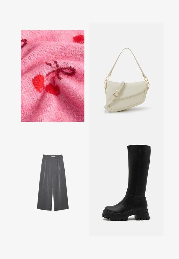 Knitted pink sweater fabric with a smooth texture, featuring red cherry patterns and darker accents. The background showcases a soft, fuzzy appearance.; Pleated wide-leg trousers in a dark gray fabric with a subtle texture. Features a button closure and a classic waistband design.; Black knee-high boots made of faux leather, featuring a chunky rubber sole with deep grooves, smooth surface, and minimal stitching details.; Small cream handbag with a textured finish, a long adjustable strap, a chain accent, and a flap closure. Gold hardware detailing.