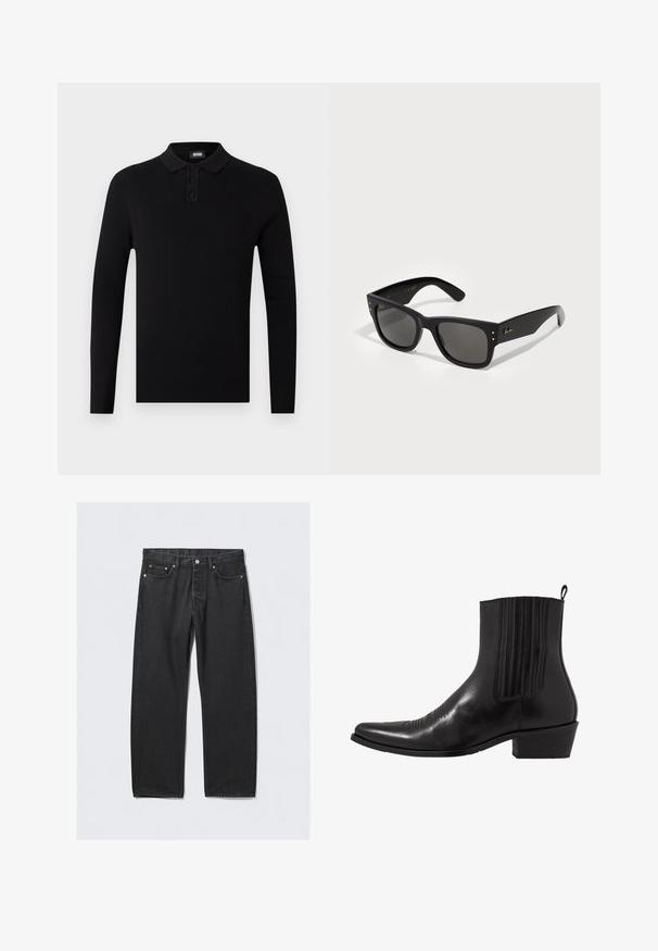 Čierna polokošeľa s dlhým rukávom a ribkovou textúrou, s trojicou gombíkov a mäkkým golierom. Jednoduchý a všestranný dizajn.; Čierne denimové nohavice so strihom rovného nohavicu, s gombíkovým zapínaním, piatimi vreckami a kovovými detailmi v medi. Hladká textúra.; Čierne kožené členkové topánky s špičatou špičkou, elastickými bočnými panelmi, vertikálnymi švami a nízkym blokovým podpätkom.; Čierne slnečné okuliare so štvorcovým rámom, vybavené tmavými sklami. Doplnkové malé zlaté bodky a zlaté logo na spánku. Hladký povrch.