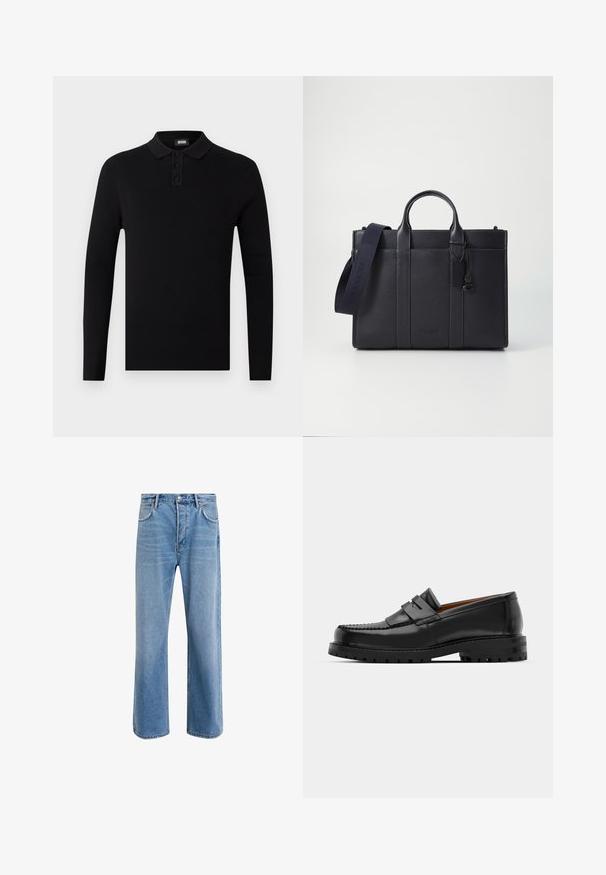 Musta pitkähihainen poolopaita, jossa on ribbikuvio, kolmipainikepullotus ja pehmeä kaulus. Yksinkertainen ja monikäyttöinen muotoilu.; Vaaleansiniset farkut suoranlahkeisella muotoilulla, viisi taskua, nappisuljenta, vähäinen kuluminen ja kontrastiväriset ompeluyksityiskohdat.; Mustat nahka loafit sisältävät kohoavan sauman, kaksi koristeellista nauhaa yläosassa ja paksun teksturoidun pohjan parempaa pitoa varten.; Tummansininen nahkainen salkku, jossa on kaksinkertaiset yläkahvat ja irrotettava hihna. Varustettu tekstuuripinnalla, pystysuoralla ompeleella ja logotiedoilla.