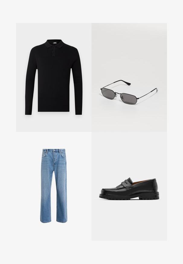 Schwarzes Langarm-Polohemd mit gerippter Textur, Drei-Knopf-Leiste und weichem Kragen. Einfaches und vielseitiges Design.; Helle blaue Jeans im Geradeschnitt-Design, mit fünf Taschen, Knopfverschluss, minimaler Ausbleichung und kontrastierenden Nähdetails.; Schwarze Lederloafer verfügen über eine erhöhte Naht, zwei dekorative Riemen im oberen Bereich und eine dicke, strukturierte Sohle für zusätzlichen Halt.; Schwarze hexagonale Sonnenbrille mit dünnem Metallrahmen und dunklen Gläsern, die auf einer weißen Oberfläche liegen.