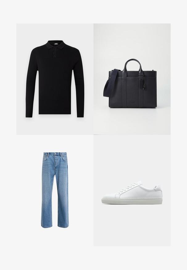 Fekete hosszú ujjú polóing ribbed textúrával, három gombos záródással és puha gallérral. Egyszerű és sokoldalú dizájn.; Világoskék farmernadrág, egyenes szárú fazonnal, öt zsebbel, gombos záródással, minimális kopással és kontrasztos varrással.; Fehér sportcipő sima bőr felső résszel és alacsony profilsal. Kerek orr, hat fűzőlyuk és barázdált gumitalp jellemzi.; Sötét tengerészkék bőr aktatáska, dupla felső fogantyúval és levehető pánttal. Texturált felülettel, függőleges varrással és logó részlettel rendelkezik.