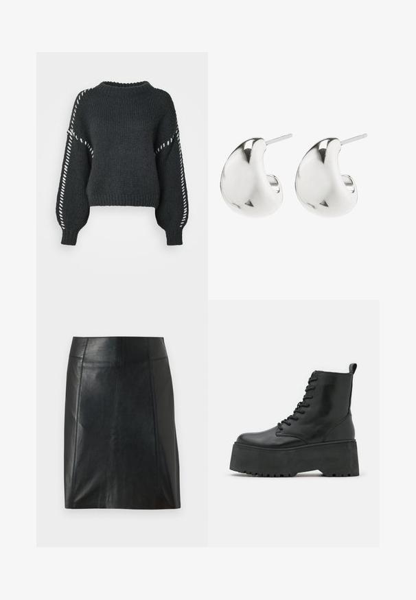 Vero Moda VMFENG O NECK - Džemperis - asphalt; Juodas odinis sijonas su prigludusia forma. Sklandžiai tekstūra, siūlės apibrėžiančios formą ir tiesus apvadas. Minimalistiškas ir elegantiškas išvaizda.; Juodos aulinės batai su masyviu platformos padu, pagaminti iš minkštos odos, su raištelių dizainu ir užtrauktuku gale.; Sidabriniai auskarai su glotnia, lenkta forma. Jie turi poliruotą paviršių ir kaištinę užsegimą, kad būtų saugu juos nešioti.