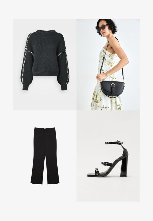 Vero Moda VMFENG O NECK - Svetrík - asphalt; Čierne nohavice so strihom rovného strihu, s prednými vreckami a bočnými rozparkami na leme. Vyrobené z mäkkej, hladkej tkaniny. Vhodné na rôzne príležitosti.; Čierne lakované sandále na podpätku so štvorcovou špičkou, navlečenými remienkami okolo členku a striebornými prackami. Disponujú masívnym blokovým podpätkom pre stabilitu.; Čierna kožená kabelka s zaobleným tvarom, odnímateľným popruhom a zlatými doplnkami. Kabelka má klopu s detailom s prackou.