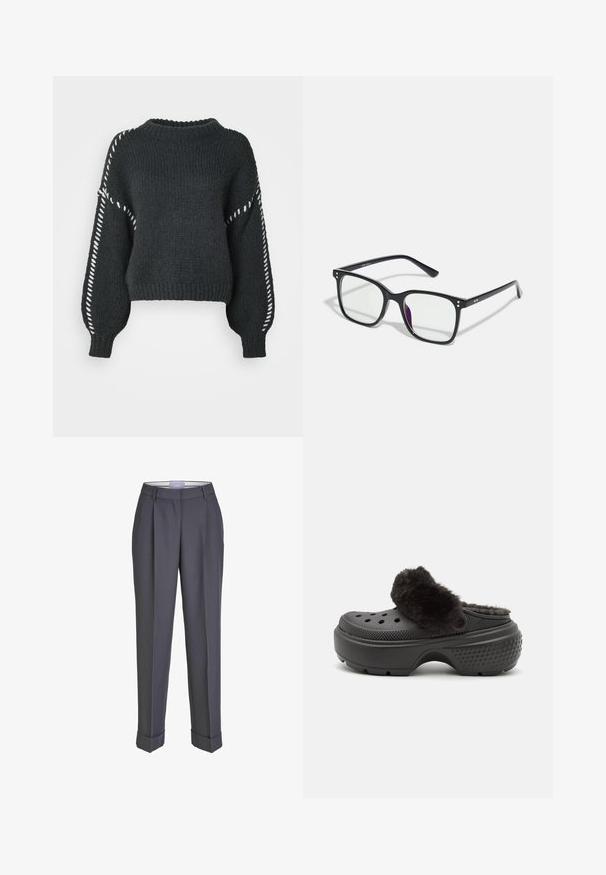 Vero Moda VMFENG O NECK - Strikkegenser - asphalt; Mørkegrå tilpassede bukser med rett ben-design, plisserte front og oppbrettede ankler. Laget av glatt stoff, med et klassisk midjebånd.; Svarte tresko med en myk, lodden overdel, med perforeringer på forsiden og en teksturert hæl for bedre grep. Lett og enkel å ta på.; Svarte rektangulære briller med klare linser, med gullakenter på rammen og en svak lilla nyanse på en av linsene.; Burgunderrød lærveske med gullklips, strukturert form, topphåndtak og justerbar skulderstropp. Modellen har på seg en denimjakke.