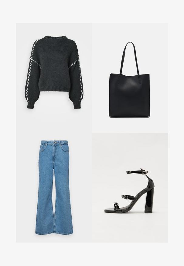 Vero Moda VMFENG O NECK - Trui - asphalt; Lichtblauwe flared jeans van denim, met een hoge taille, vijf zakken en een enkele knoopsluiting. Zachte textuur met een vervaagde afwerking.; Zwarte gepatenteerde sandalen met hak en een vierkante neus, enkelbandjes en zilveren gespen. Heeft een stevige blokhak voor stabiliteit.; Zwarte leren handtas met een gladde textuur, rechthoekige vorm en twee lange handvaten. Geen zichtbare hardware of versieringen.