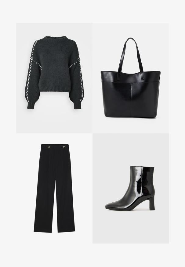 Vero Moda VMFENG O NECK - Pullover - asphalt; Pantalons larges noirs à taille haute, avec des détails de boutons à la taille et des plis sur le devant.; Bottines en cuir verni noir avec un bout pointu et un talon block de hauteur moyenne. Texture lisse et design minimaliste.; Sac fourre-tout en cuir noir avec deux longues poignées, une texture lisse et une forme structurée. Dispose d'une poche avant pour un rangement supplémentaire.