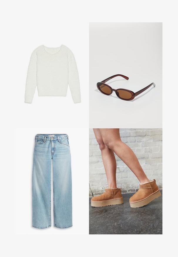 Weißer, flauschiger Pullover mit langen Ärmeln, weitem V-Ausschnitt und cropped Design. Die Textur ist weich und plüschig, was die Wärme erhöht.; Hellblaue, weit geschnittene Jeans aus Denim mit hoher Taille, Knopfverschluss und ausgefranstem Saum. Sichtbare Nähte und Taschen.; Braune Wildleder-Stiefeletten mit einem weichen Futter, dicker beige Plateau-Sohle und einer Zuglasche auf der Rückseite. Strukturiert Oberfläche mit sichtbaren Nähdetails.; Runde, braun getönte Sonnenbrillen mit einem glänzenden burgunderfarbenen Rahmen. Schlanke Bügel mit dezentem Branding. Flaches Linsendesign.; Rosa Tragetasche aus strukturiertem Material mit zwei langen Tragegriffen und einem geprägten Logo auf der Vorderseite. Mit Reißverschluss oben.