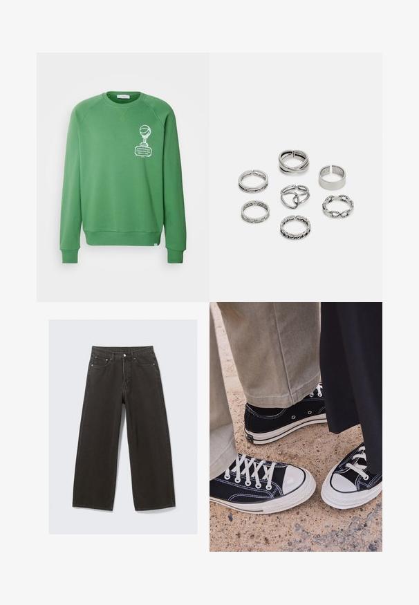 Sweatshirt verde com decote redondo, punhos e bainha canelados. Apresenta uma impressão branca de um troféu e texto na parte da frente.; As calças de ganga pretas de perna larga apresentam uma cintura alta, um design de cinco bolsos e um fecho de botões. O tecido tem um acabamento texturizado e suave.; Sapatilhas pretas de lona com biqueiras e atacadores de borracha brancos. O contraste nas costuras e os ilhós de metal acrescentam detalhe. Usadas com calças bege e tecido preto.; Conjunto de sete anéis de prata com vários designs, incluindo padrões torcidos, entrelaçados e gravados. Diferentes formas e larguras.