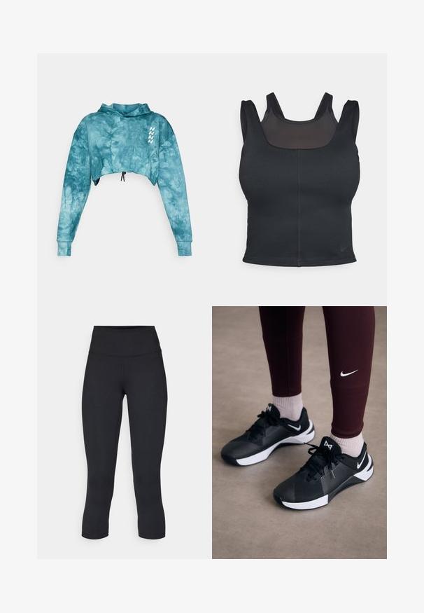 Nebbia RE-FRESH - Mikina s kapucňou - green; Čierna športová podprsenka s priliehavým strihom, širokými ramienkami a sieťovinou na prednej strane. Hladký povrch a minimálne švy. Logo Nike na leme.; Čierne skrátené legíny vyrobené z elastického materiálu, s vysokým pásom a hladkou textúrou, bez viditeľných vzorov alebo kovania.; Čierne športové topánky s textúrovaným zvrškom a bielymi akcentmi, s dvoma šnúrkami a logom na boku. Nosené s bordo legínami a svetlými ponožkami.