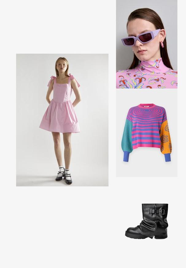 Langärmliger Pullover mit pinken und violetten konzentrischen Streifen am Körper, grünen und blauen Zickzackmustern an einem Ärmel und orangefarbenen mit blauen Spiralen am anderen.; Rosa Baumwollkleid mit quadratischem Ausschnitt, gerafftem Rock und Bindebändern. Kombiniert mit schwarzen Mary Jane Schuhen und weißen Rüschenstrümpfen.; Schwarze Leder-Stiefelette mit einem schlappen Design, quadratischer Zehenform und einem seitlichen Schnallenakzent. Dicke Sohle sorgt für zusätzlichen Halt und Stabilität.; Lila rechteckige Sonnenbrille mit dunklen, getönten Linsen, getragen mit einem pinkfarbenen, gemusterten Rollkragenpullover mit floralen Designs und lebhaften Akzenten.; Rosa lackierte Handtasche mit rechteckiger Form, abnehmbarer Kettenriemen und silbernen Hardware-Details auf der Vorderseite.